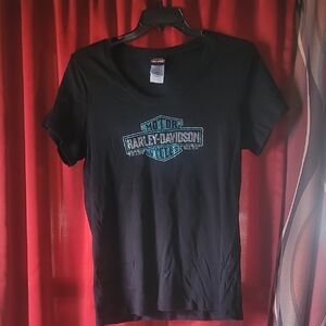 Harley-Davidson Black Tee with Blue and White Bling Logo